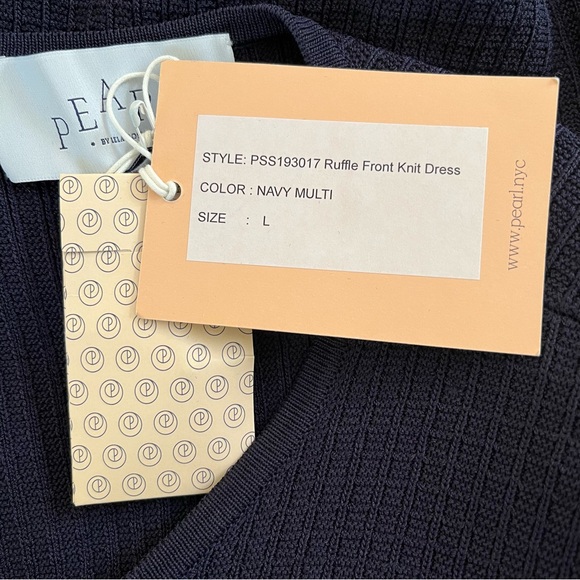 Lela Rose Pearl Navy Blue Ruffle Front Pearl Button Knit Dress L - Picture 15 of 16